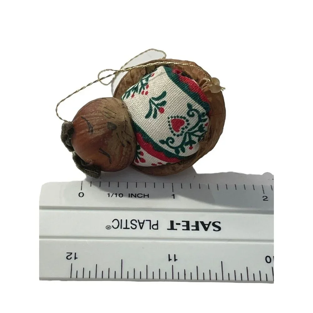 Adorable hazelnut‎ mouse in walnut cradle Christmas Ornament Handmade Vintage